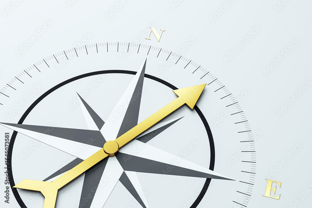 Poster Golden arrow compass icon showing direction and guidance on light abstract background for navigation, business vision and career progress concept. 3D Rendering