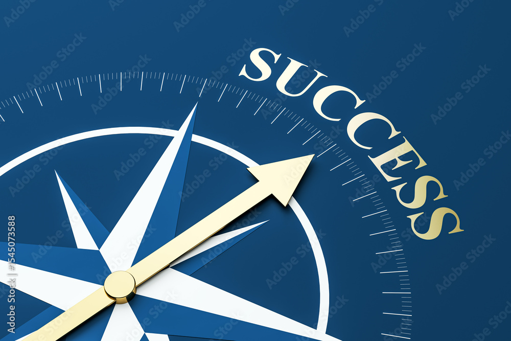 Poster golden arrow on blue compass pointing to the word success, symbolizing direction, progress, business