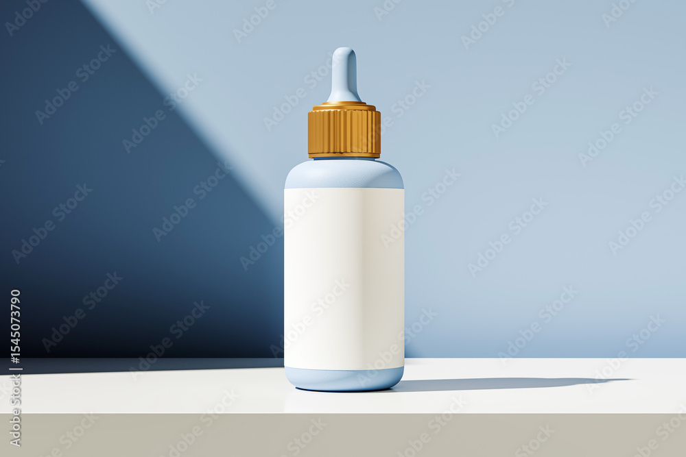 Aufkleber Cosmetic dropper bottle mockup with blank label on light surface and gradient background for modern product branding presentation template. 3D Rendering