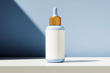 Cosmetic dropper bottle mockup with blank label on light surface and gradient background for modern product branding presentation template. 3D Rendering