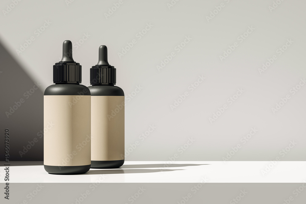 Poster two black dropper bottles with blank beige labels standing on white surface against soft gradient wa