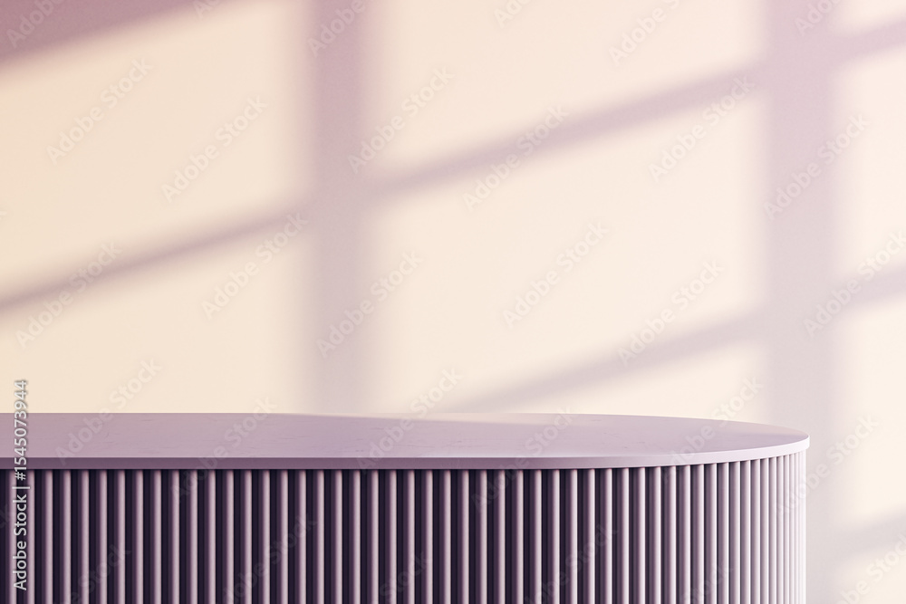 Poster Elegant modern podium with vertical slats in soft lighting against a pastel wall with window shadows, ideal for product presentation or branding mockup. 3D Rendering