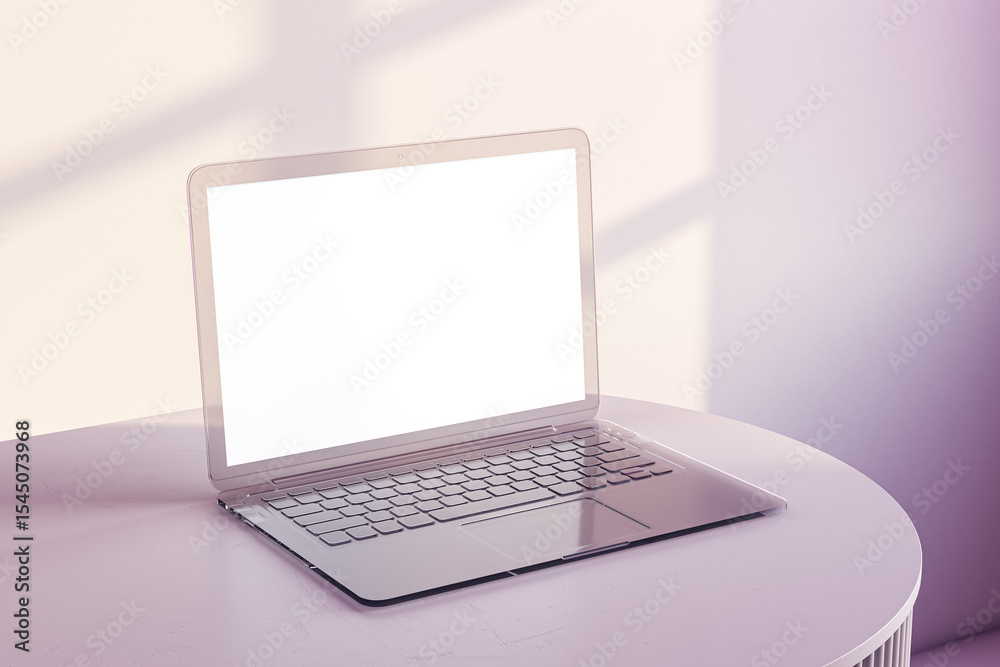 Poster modern laptop with blank white screen on round podium table in soft pastel studio interior with sunl
