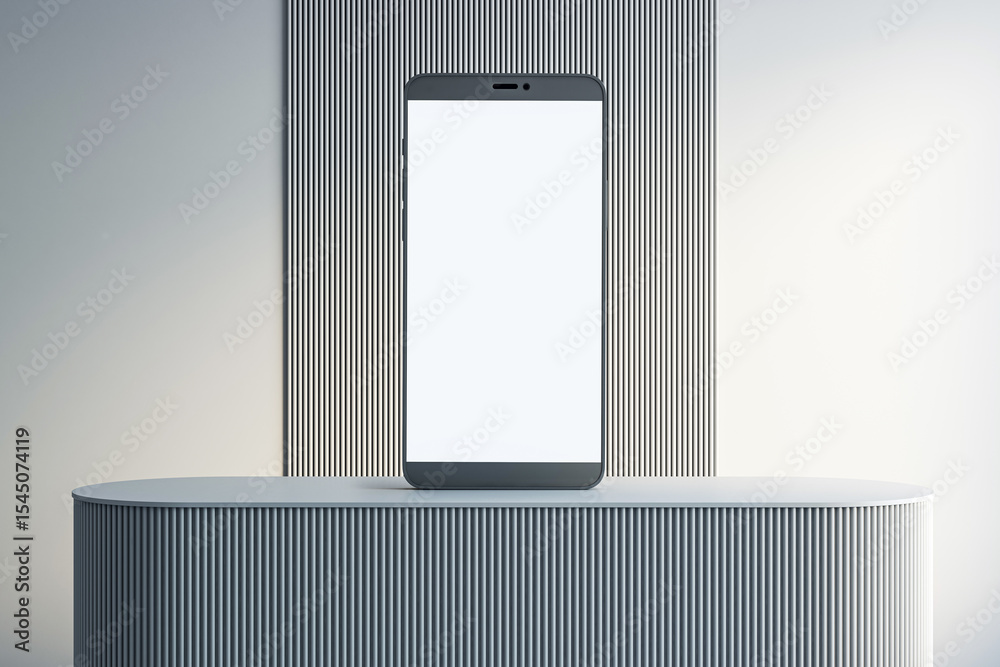 Poster Modern smartphone with blank screen placed on ribbed podium in minimal studio interior with soft lighting and vertical panel background for mockup presentation. 3D Rendering