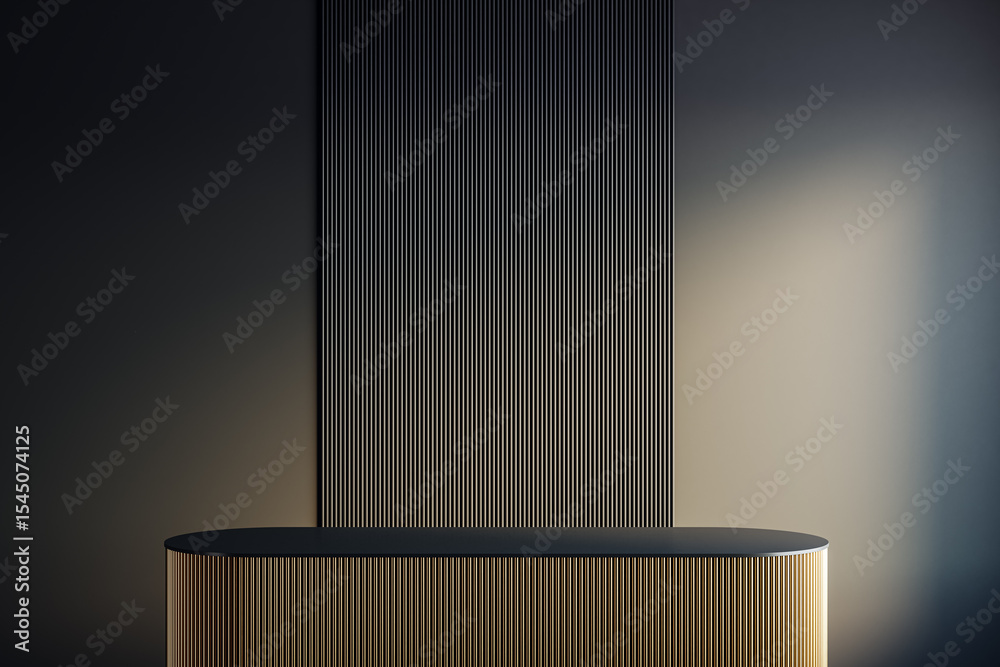Poster Modern golden-striped podium with black top on elegant vertical line wall background in moody studio lighting setting, perfect for product display. 3D Rendering