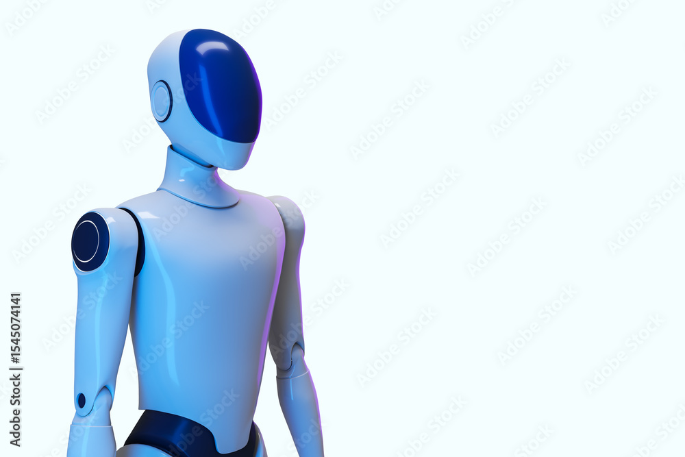 Aufkleber Futuristic humanoid robot with sleek design and glossy blue features standing isolated on light gradient background, symbolizing AI innovation. 3D Rendering