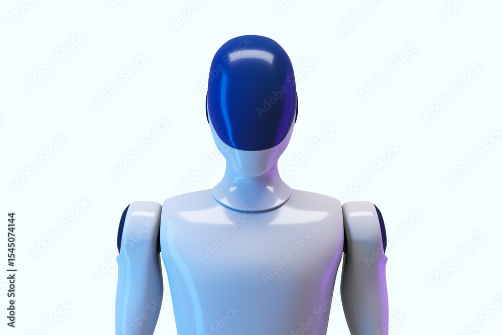 Poster Futuristic humanoid robot with smooth design and glossy surface in a clean modern style on white background for innovation concept mockup. 3D Rendering