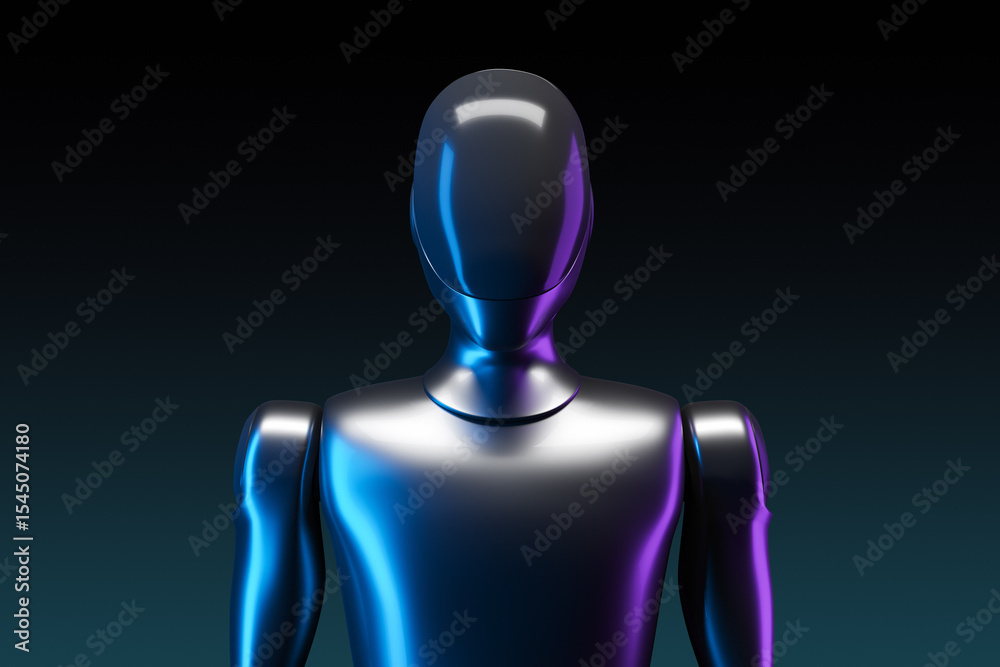 Aufkleber futuristic humanoid robot with glossy black surface and neon blue-purple lighting, front view on dar