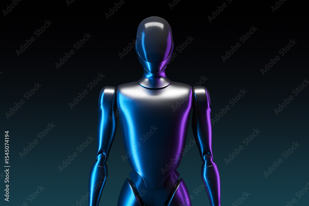 Poster Futuristic humanoid robot with glossy metallic surface in neon blue and purple lighting on dark gradient background, front view mockup template. 3D Rendering