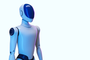 Futuristic humanoid robot with sleek design and glossy blue features standing isolated on light gradient background, symbolizing AI innovation. 3D Rendering