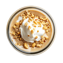 Top View of a Jar Filled with Smoothie, Topped with Yogurt and Crushed Nuts