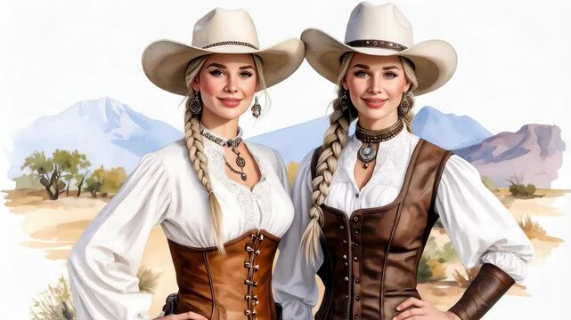 Two women wearing western clothing with hats, standing in front of a mountain range in a watercolor painting style illustration