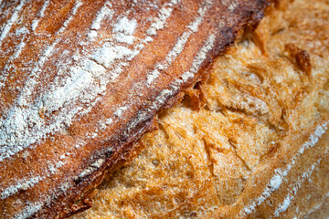 Macro texture of artisan bread crust close-up food photography warm kitchen detailed view culinary...
