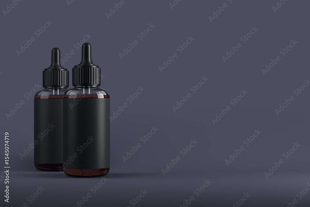 Aufkleber two black dropper bottles with blank labels for cosmetic or medical branding mockup on a clean dark 