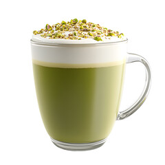 Matcha Latte with Whipped Cream and Pistachio Topping in a Glass Mug