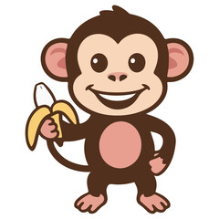 Obraz premium Brown cute funny baby monkey cartoon character drawing with banana isolated in the jungle