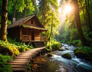 Naklejka premium Wooden Hut in Forest on River Bank – Scenic Travel Background 