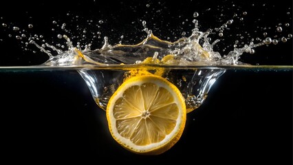 Floating Lemon Slice Splashing into Black Tinted Water