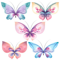 Obraz premium Butterfly set is a sweet pink and blue delicate color on a white isolated background, hand-painted in watercolor. Illustration for greeting cards, decoration, design of romantic, wedding events