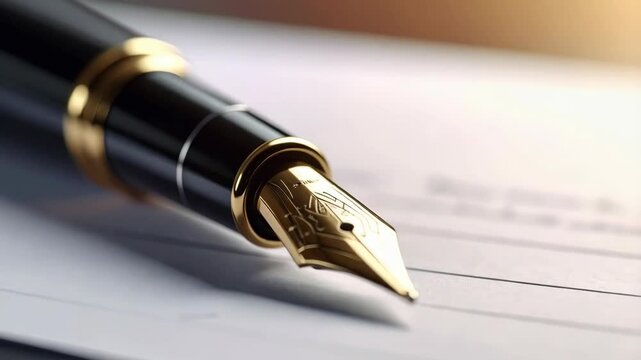 Close-up of a sleek black and gold fountain pen resting on a document with neat lines on crisp, bright white paper in a dimly lit area.