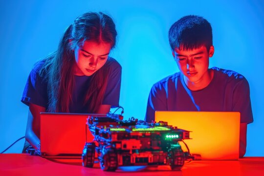 Two teenagers focused on programming a robot using laptops under blue and red lighting.