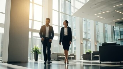 A businesswoman and businessman walk and talk in a modern office setting. - Powered by Adobe