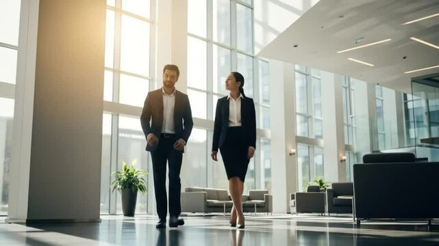 A businesswoman and businessman walk and talk in a modern office setting.