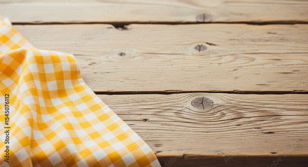Poster yellow and white checkered cloth on rustic wooden surface, showcasing ample free space ideal for pro