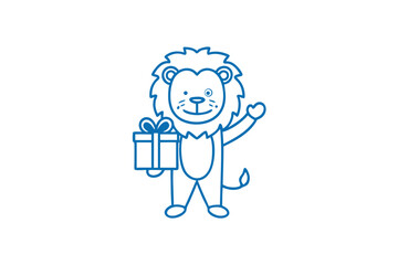 Blue line cartoon lion holding a gift box with his arm raised