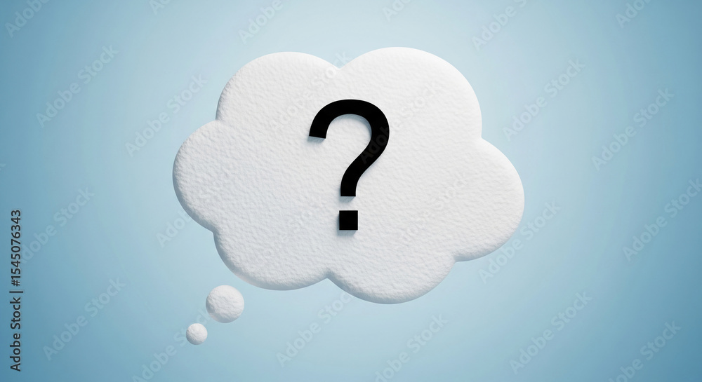 Poster white textured thought bubble with black question mark, symbolizing inquiry, doubt, or uncertainty, 