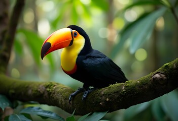 Obraz premium Colorful Toucan on Mossy Branch