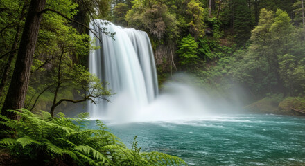 Naklejka premium Adventure, Waterfall, Nature Park, Photograph, Lush Greenery, Close-Up, Tranquility in a Picturesque Landscape