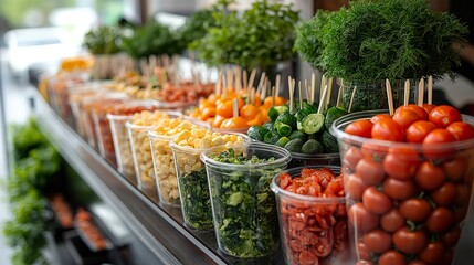 Chopped vegetables in transparent glasses. Illustration on the topic of nutrition and products.
