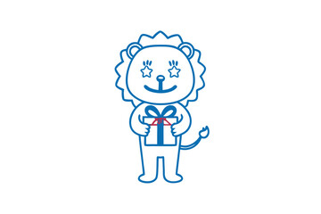 Cartoon lion presents a gift having star eyes, outlined in blue on a white background