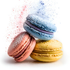 Three colorful French macarons stacked, splashing fine powdered sugar on a white background