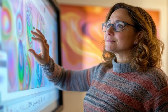 Woman interacts with a large touchscreen displaying abstract data visualizations, likely for analysis or presentation.