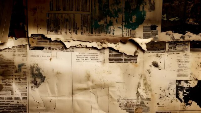 Torn and crumpled beige aged newspaper clippings collage forming abstract textural background surface, with faded ink and distressed look