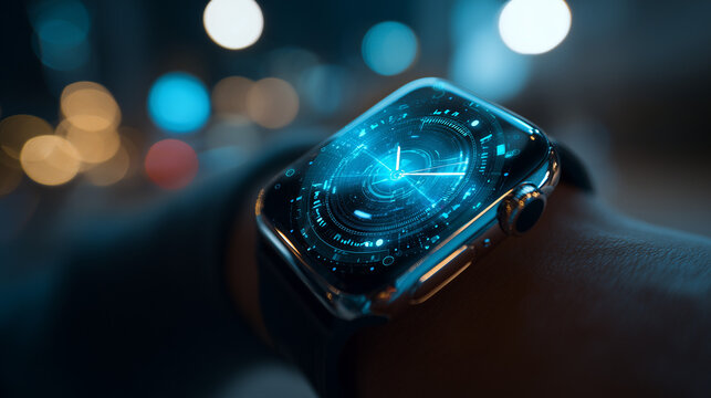 Futuristic smartwatch displaying digital interface on a person's wrist, augmented reality and tech interface