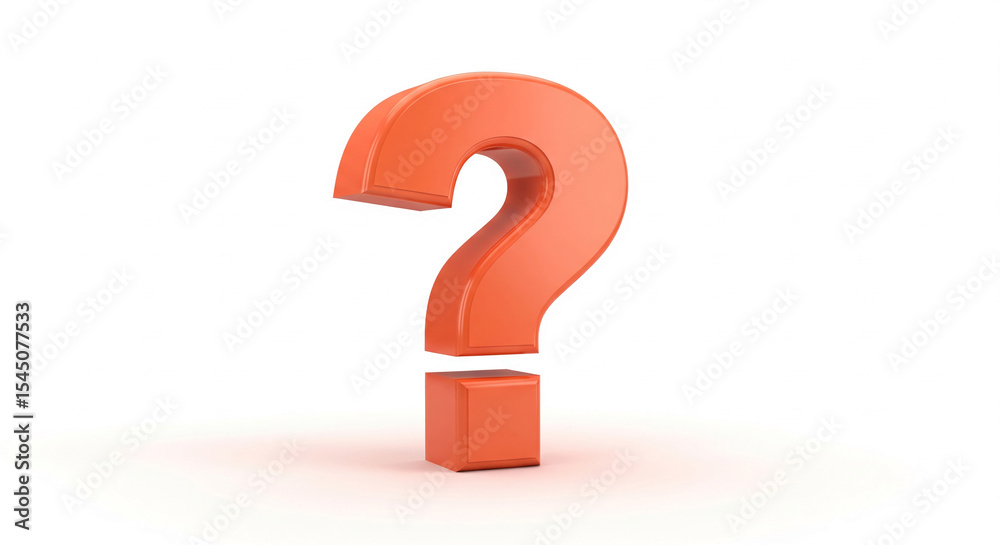 Poster three-dimensional orange question mark on white background, symbolizing inquiry, uncertainty, or a n