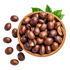 Obraz premium Fresh roasted hazelnuts in a wooden bowl with green leaves on a white background, detailed close-up of healthy snack or ingredient, natural organic food presentation
