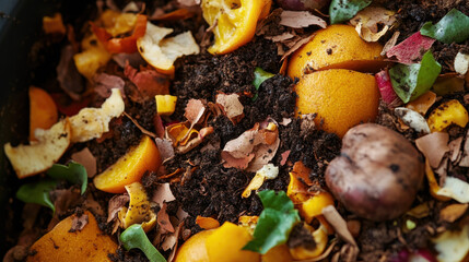 Compost bin with detailed organic layers, fruit peels, coffee grounds, and dry leaves forming nutrient-rich soil, high-resolution macro shot &mdash;ar 16:9 