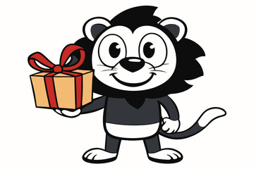 Cartoon lion happily presents an orange gift box with a red ribbon for celebrations