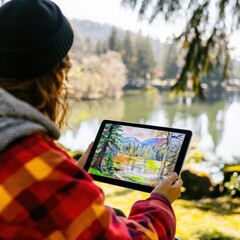 "A person in casual attire studying a colorful art lesson on a tablet, while gazing out at a serene outdoor landscape. 