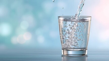 clean transparent water is poured from a bottle into a glass cup