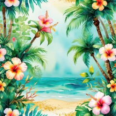 Tropical Beach Paradise Watercolor Painting - Floral, Palm Trees, Ocean, Summer