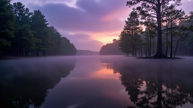 Serene Sunrise: Misty Lake, Silhouetted Trees, Perfect for Calming Nature, Travel, or Wellness Designs