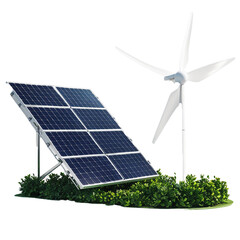 Solar panel and wind turbine representing clean energy and sustainability
