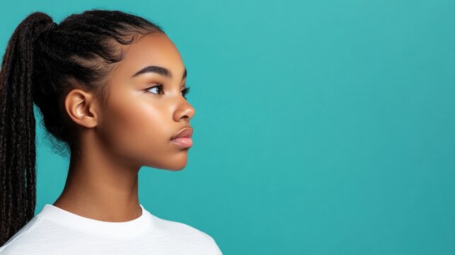 Young woman profile, teal background