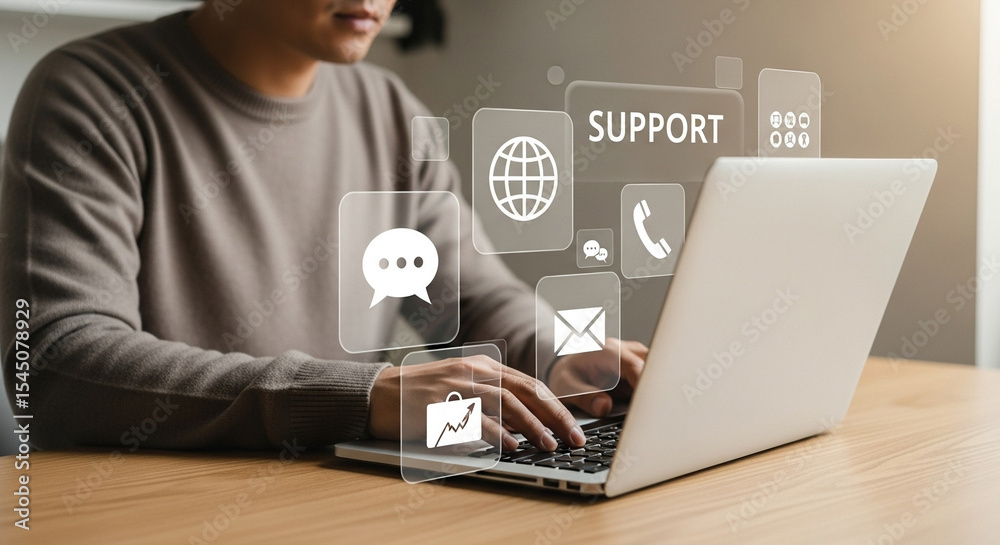 Poster man typing on laptop with support icons floating above the keyboard on a wooden desk surface