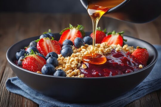 Delicious bowl of granola topped with strawberries, blueberries, and honey drizzle on wooden table - Powered by Adobe